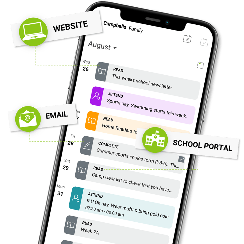 School calendar with email, portal website